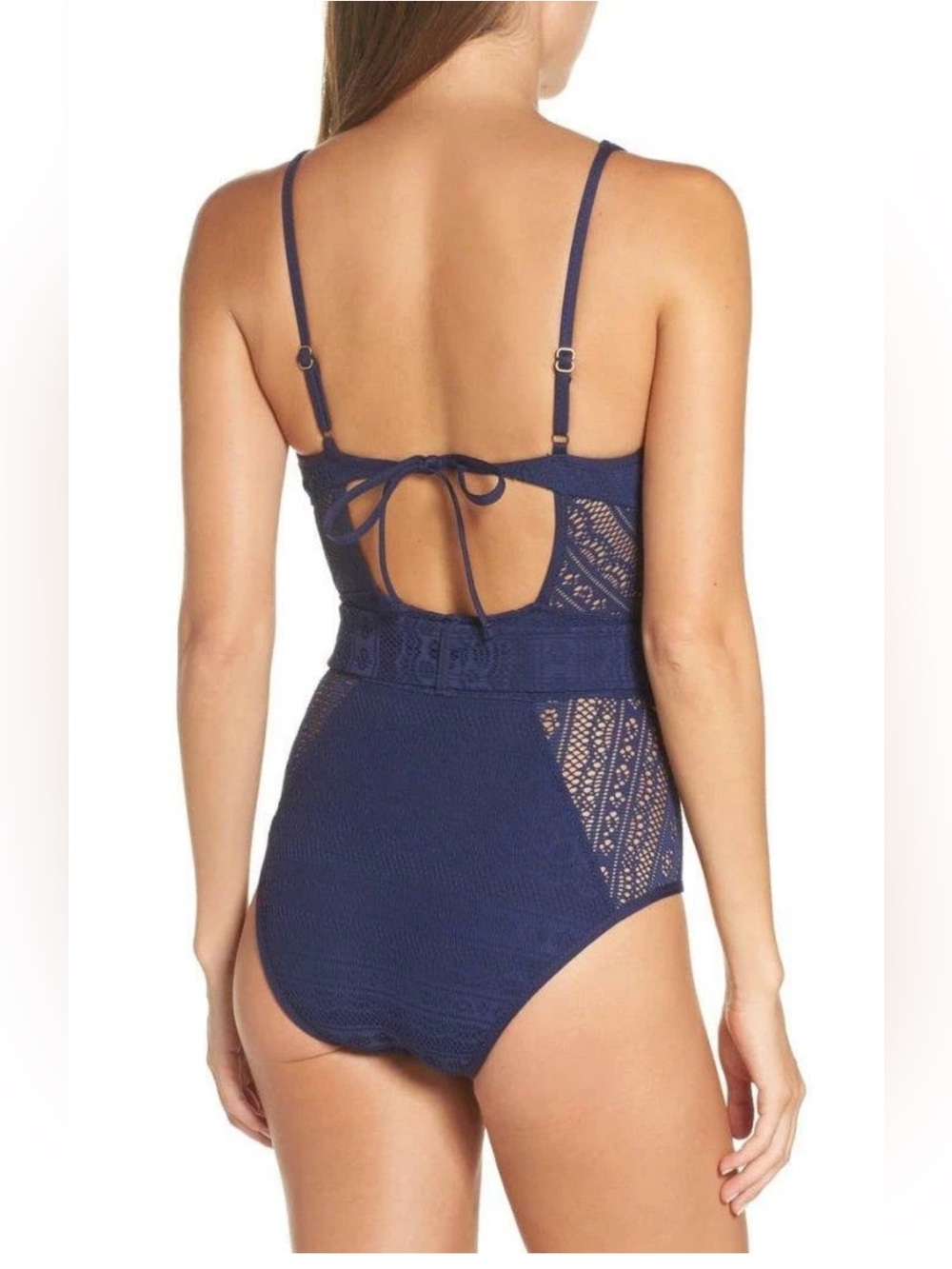 Becca Navy Color Play Belted Mesh Crochet One Piece Swimsuit M - Picture 2 of 6